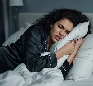 A person lies in bed, suffering from tooth pain.