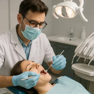 A professional dentist wearing a white coat is checking a patient’s teeth inside a dental clinic.