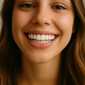 A woman is smiling showing her teeth.