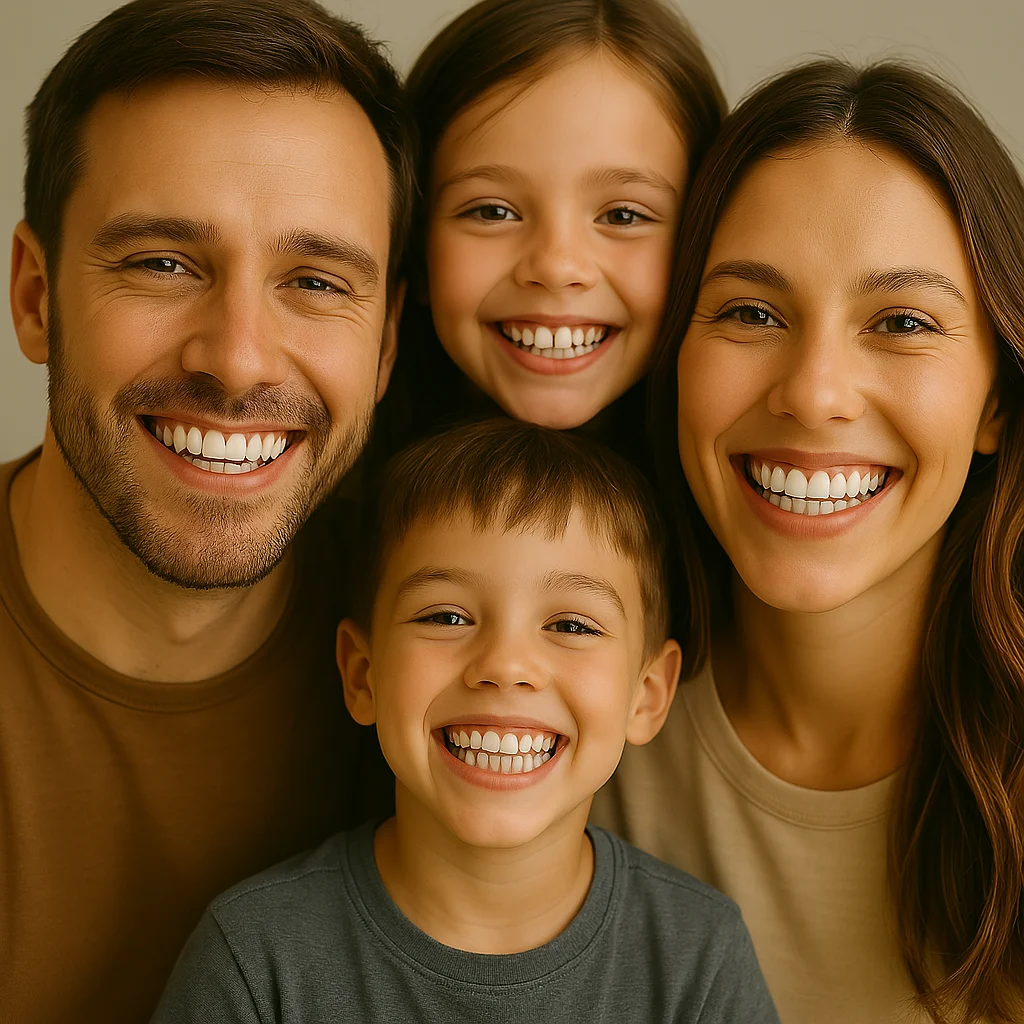 Smiling family showcasing white, shiny teeth—parents and children gathered together, radiating happiness and dental health. The image highlights Lifelong Oral Hygiene Habits for Family, with a bright, friendly atmosphere.
