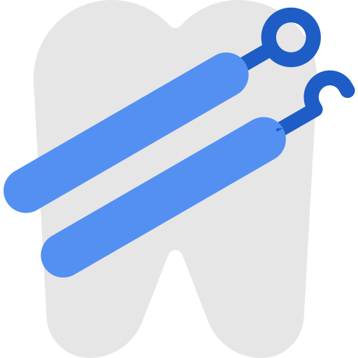 A white tooth with two blue dental instruments placed diagonally across it.