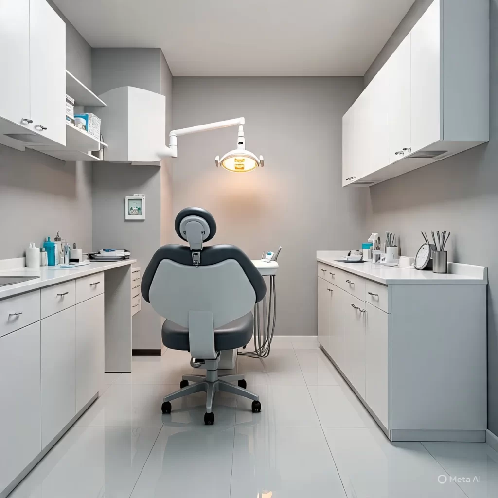 A backside view of dental chair inside clinic.