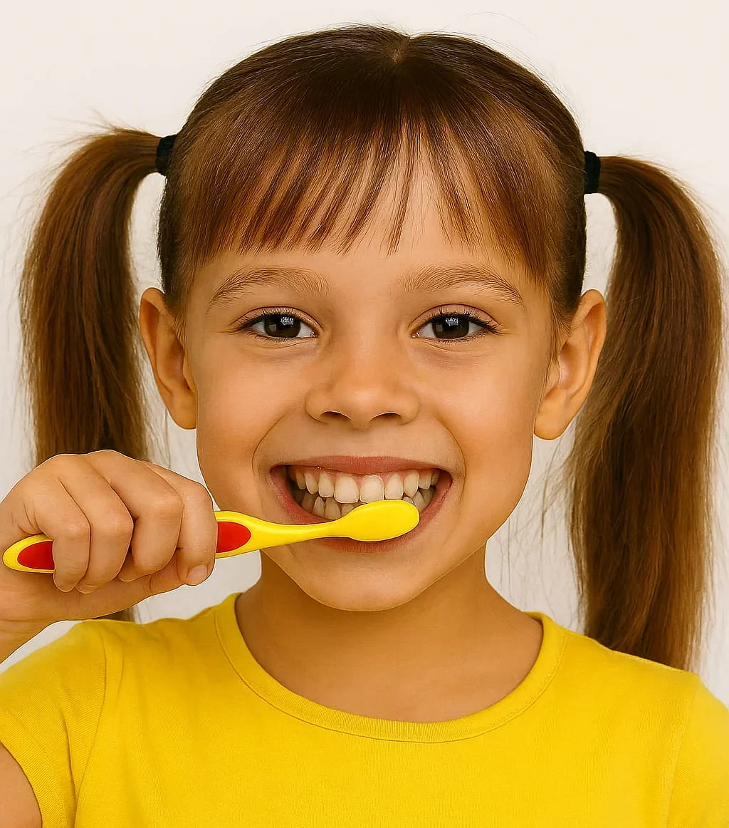 A little girl wearing yellow T Shirt brushing her teeth.