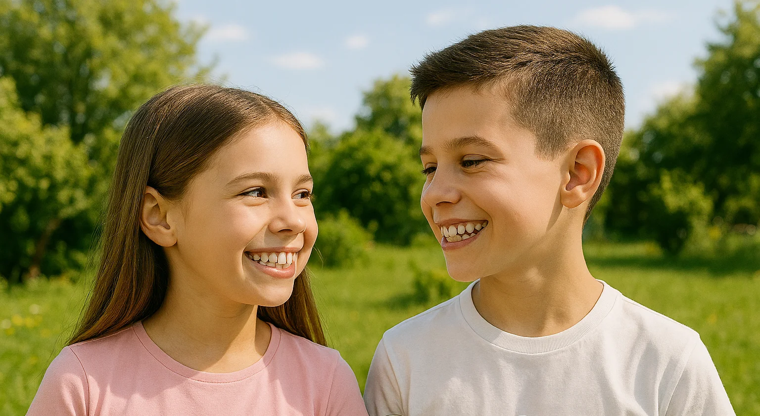 Siblings smiling while gazing at each other's faces.