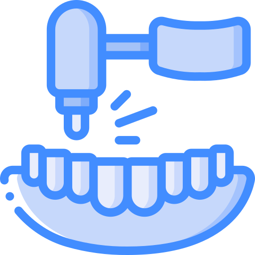 A dental drill working on a curved row of teeth, with particles indicating drilling action. The drill has a handle and is positioned above the teeth.
