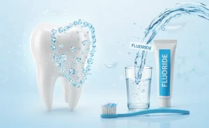 Stylized illustration of a strong white tooth protected by a digital fluoride shield, with a glass of fluoridated water, fluoride toothpaste tube, and toothbrush, symbolizing modern dental care and the role of fluoride in strengthening teeth.