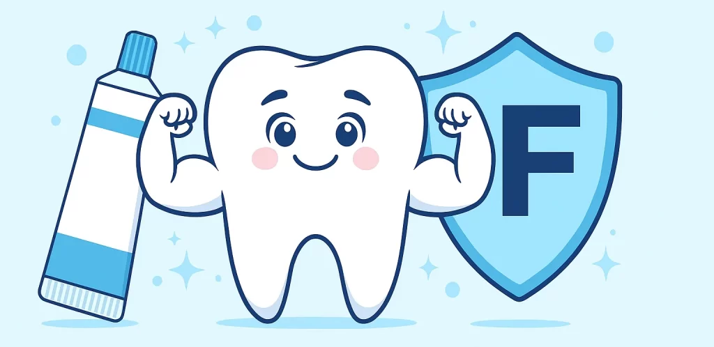 Cartoon illustration of a smiling tooth with muscular arms, flanked by a toothpaste tube and a fluoride shield, symbolizing the importance of fluoride for strong and healthy teeth.
