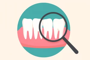 Flat dental illustration showing upper front teeth with visible gaps and misalignment, highlighted by a magnifying glass over the central incisors, set against a teal circular background.