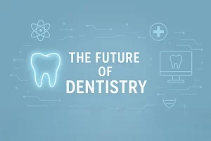 Futuristic dental technology concept with a glowing tooth illustration on the left, surrounded by medical and science icons including a computer monitor with a tooth, medical cross, and atom symbol, all connected by circuit-like lines on a blue background, representing the future of dentistry.
