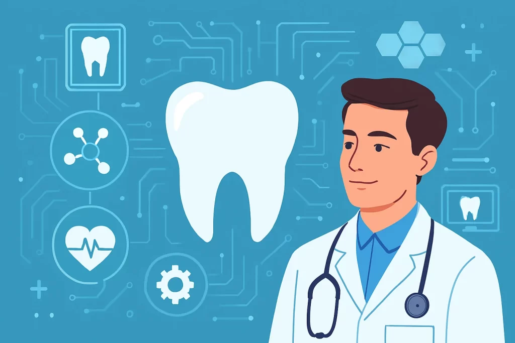 Male dentist in a white coat with stethoscope, standing beside a large tooth icon surrounded by futuristic dental and medical symbols such as a heart monitor, molecular structure, gear, and hexagons, all connected by circuit-like lines on a blue background, representing modern digital dentistry.