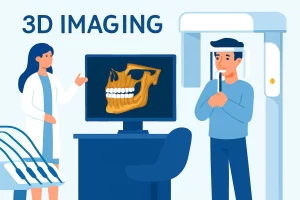a dental clinic showcasing 3D imaging technology. A male patient stands inside a panoramic dental imaging machine, biting a support block. A female dentist in a white coat gestures toward a computer monitor displaying a golden-brown 3D rendering of a human skull. Dental tools hang in the foreground, and the background is light blue with clean, modern design elements.