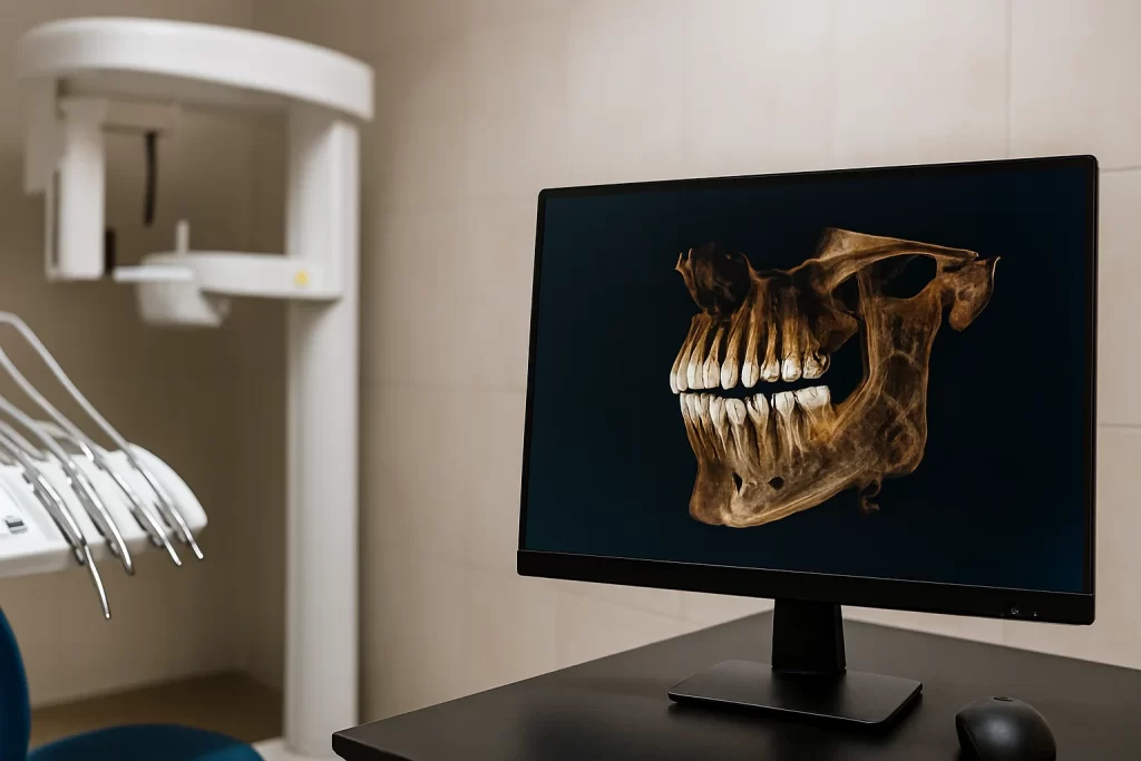 A modern dental clinic featuring a computer monitor displaying a detailed 3D rendering of a human skull, focusing on teeth and jaw structure. In the background, a panoramic dental X-ray machine is visible, along with a dental chair, overhead light, and various dental tools, highlighting the integration of advanced imaging technology in dental diagnostics and treatment planning.