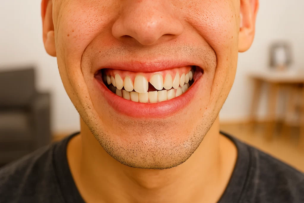 A close-up of someone smiling to show a chipped tooth, set in a cozy bedroom background with soft, natural lighting.