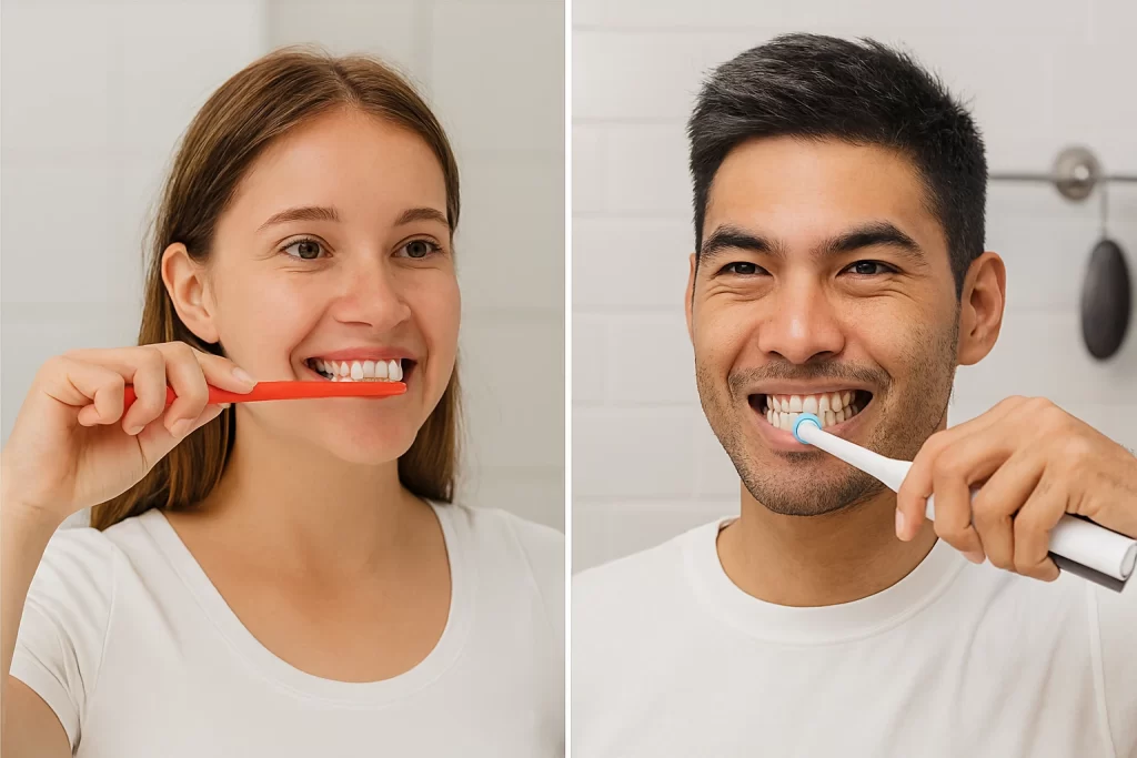 Split-screen image showing two people brushing their teeth—on the left, a woman using a manual toothbrush in a tiled bathroom; on the right, a man using an electric toothbrush in a modern bathroom—separated by a thin vertical line.