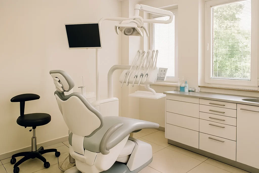 Modern dental examination room featuring a central dental chair with attached instruments, overhead light, monitor, and a black stool. Clean white walls, tiled flooring, and a large window with blinds create a bright, sterile environment.