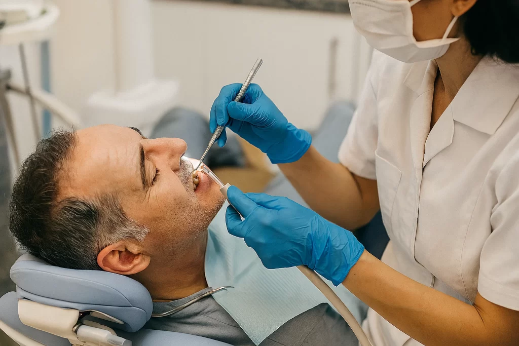 Stylized close-up illustration of a dental procedure showing a patient’s mouth with visible tartar buildup and a dentist’s gloved hand holding a scaler tool, actively cleaning the teeth. The background is minimal, emphasizing the interaction between the tool and the teeth.