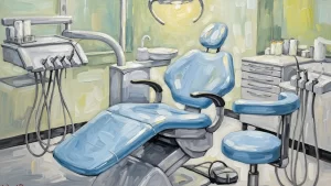 Artistic painting of a dental clinic interior featuring a central blue dental chair with armrests and an adjustable headrest, surrounded by stylized dental equipment including a dentist's stool, tool tray, sink, and overhead light.