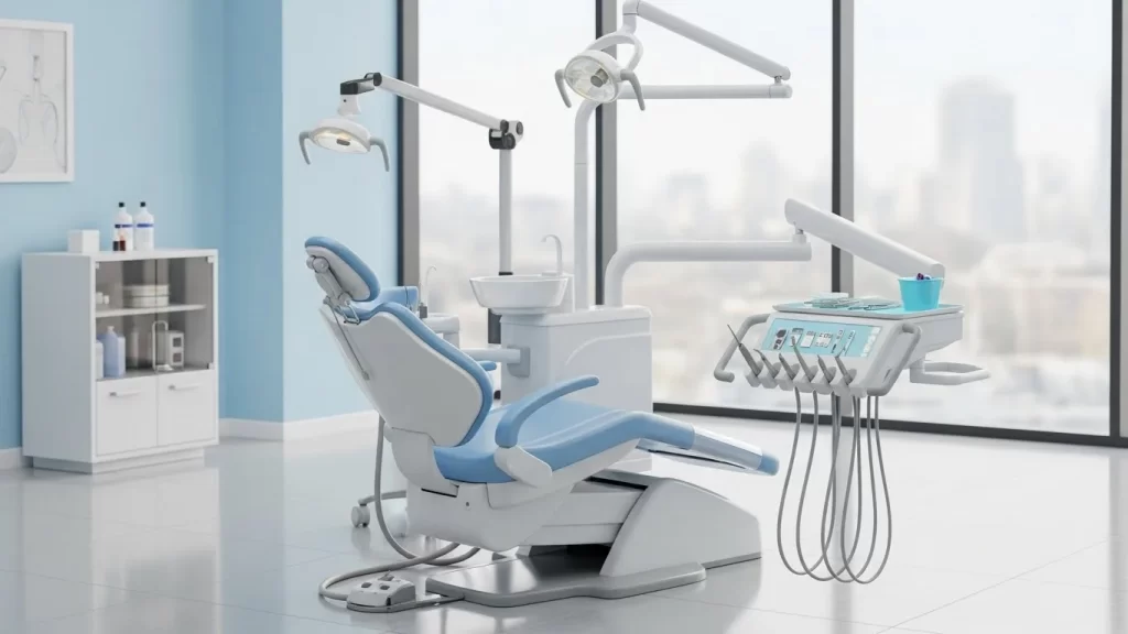 Modern dental examination room featuring a light blue and white adjustable dental chair with attached tools, overhead lighting, a sink, and cabinets stocked with supplies.