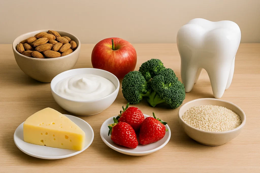 A variety of tooth-friendly foods arranged on a wooden surface beside a large tooth model.
