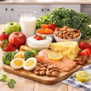 A variety of fresh foods including milk, yogurt, cheese, apples, strawberries, almonds, vegetables, and grilled salmon arranged on a wooden table inside a home.