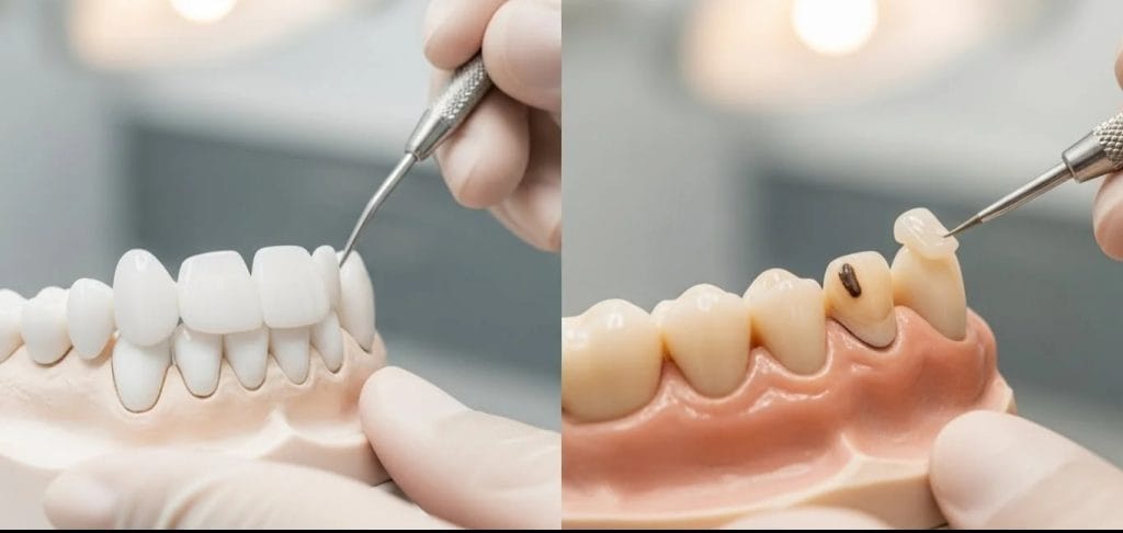 Split image showing two restorative dental treatments, Veneers vs. Bonding.