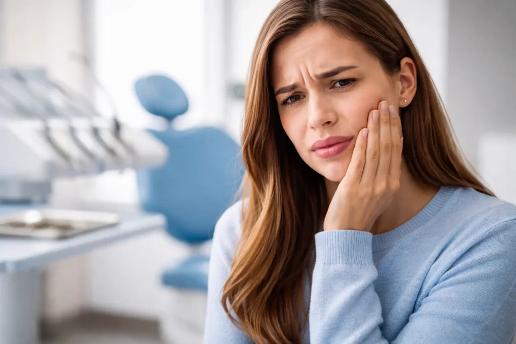 oman sitting in a dental clinic holding her cheek in pain, showing tooth discomfort with dental chair and equipment in the background.