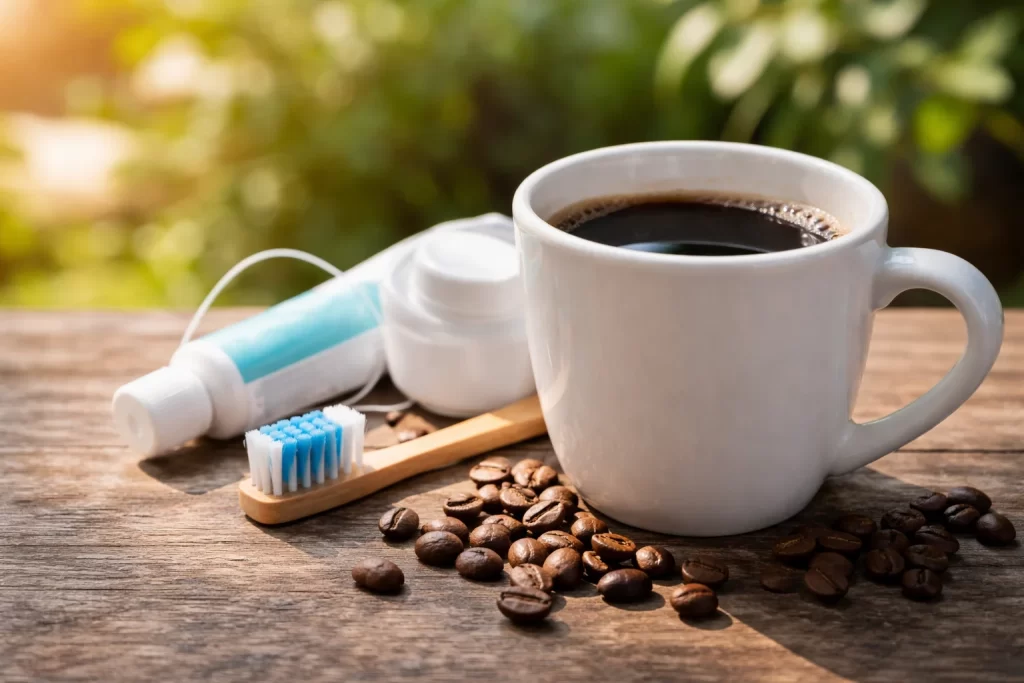 White ceramic cup of black coffee surrounded by coffee beans, toothbrush, toothpaste, and dental floss on a wooden surface outdoors visually contrasting morning routines and emphasizing the message Coffee Bad for Your Teeth.