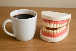 White mug filled with black coffee placed beside a dental model showing clean teeth and pink gums on a wooden surface, symbolizing the potential impact of coffee on dental health and supporting the theme Coffee Bad for Your Teeth.