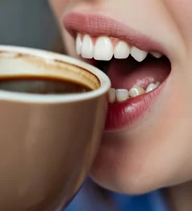 Close up of a person about to sip dark coffee from a beige cup, with clean white teeth visible and lips slightly parted highlighting the sensory experience and subtly suggesting the risk of staining, reinforcing the idea that Coffee Bad for Your Teeth.