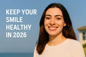 Smiling person outdoors with "KEEP YOUR SMILE HEALTHY IN 2026" text, promoting Dental Goals for 2026.