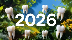 Surreal landscape with floating molar teeth and "2026" text, symbolizing futuristic Dental Goals for 2026.