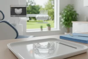 Close-up of a clear mouthguard placed on a dental tray in a clinic, emphasizing professional care and showing how different Types of Mouthguards are used for teeth protection.