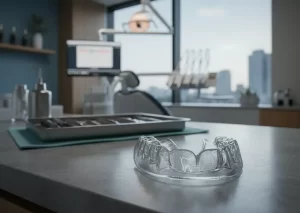 Clear mouthguard placed on a dental countertop with tools nearby, illustrating modern orthodontic care and how different Types of Mouthguards support teeth protection.